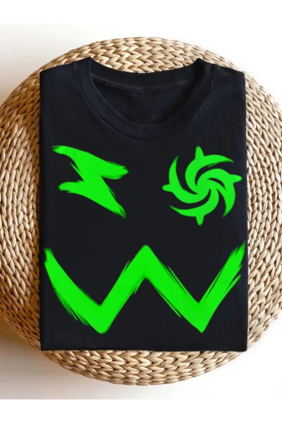 Men's Neon Green Abstract Face Graphic Black T-Shirt