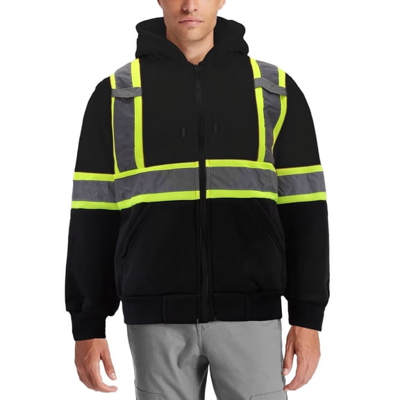 Men’s Neon High Visibility Reflective Strip Zipper Fleece Hoodie Sweatshirt (Black, 2XL)