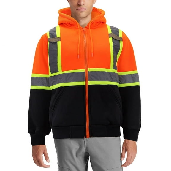 Men’s Neon High Visibility Reflective Strip Zipper Fleece Hoodie Sweatshirt (Orange, S)