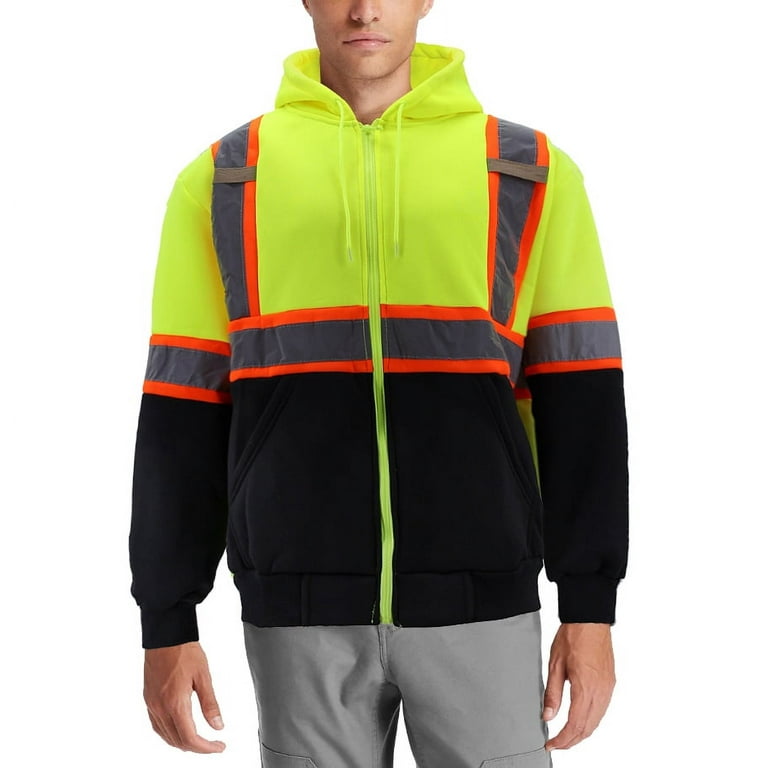 Men's Neon High Visibility Sweater Pullover & Zipper Hoodie Fleece  Sweatshirt (Neon Yellow Zip Up, S) 