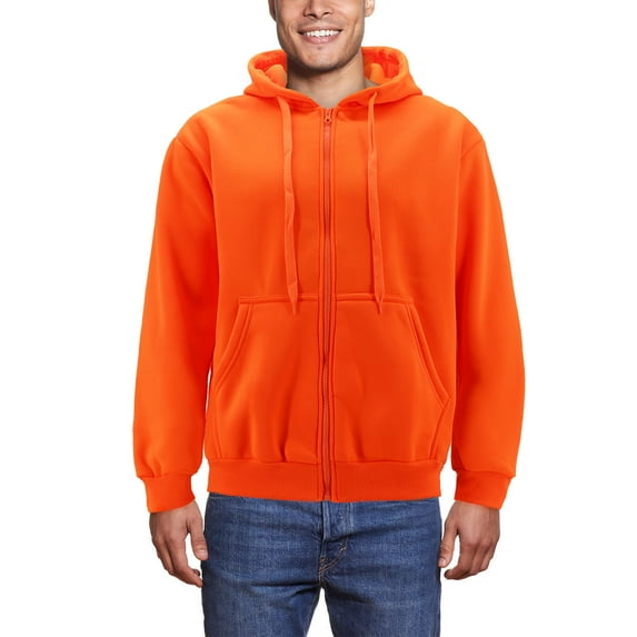 Men’s Neon High Visibility Sweater Pullover & Zipper Hoodie Fleece Sweatshirt (Neon Orange Zip Up, S)