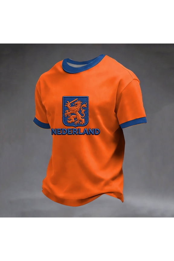 Men's Netherlands "NEDERLAND" T-Shirt with Dutch Lion Crest – Orange Short Sleeve Tee for King's Day Celebration, Soccer Matches & Casual Wear – Patriotic Crewneck Top (S-XXXXXL)
