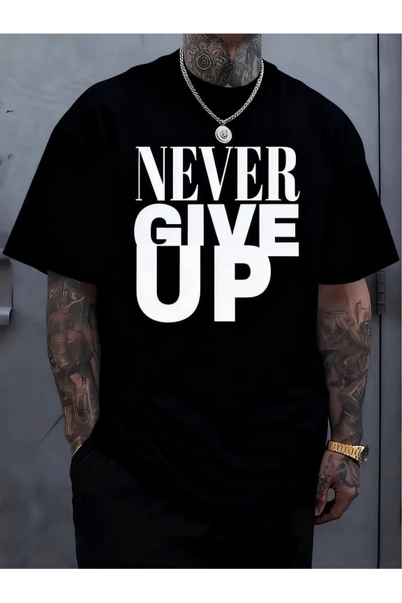 Men's "Never Give Up" Pattern T-Shirt - Cotton, Soft And Comfortable, Red Bold Black Letter Print, Casual Summer Outdoor T-Shirt, Perfect Gift For Men, Machine Washable