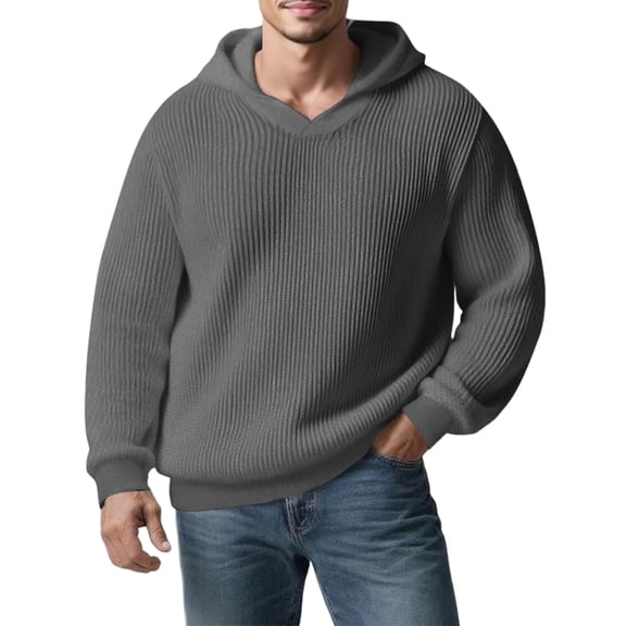 Men's New Arrival Leisure Hooded Knitted Sweater, Dark Gray M
