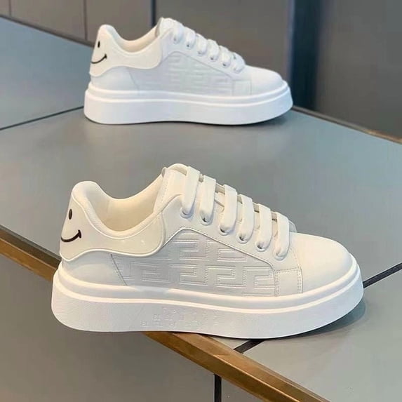 Men's New Breathable White Sneakers Trendy Versatile Thick Sole Casual Sneakers with Random Pattern Design,