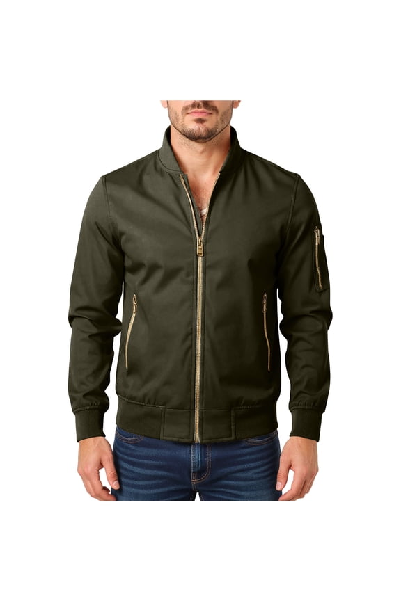 Men's New Casual Stand-Up Collar Arm-Zipper Flight Jacket, Army Green, Size L