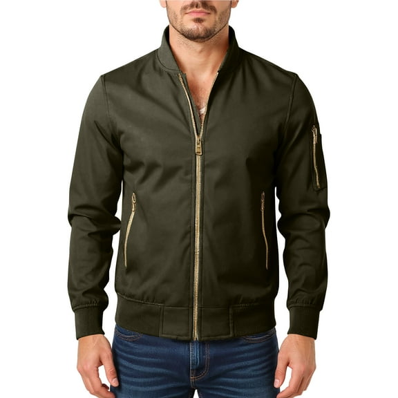 Men's New Casual Stand-Up Collar Arm-Zipper Flight Jacket, Army Green, Size XXL
