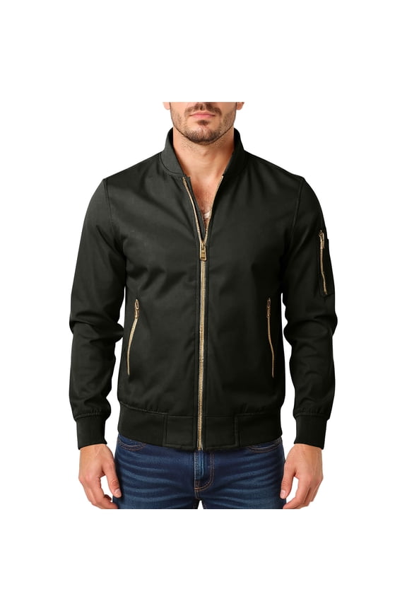 Men's New Casual Stand-Up Collar Arm-Zipper Flight Jacket, Black, Size M