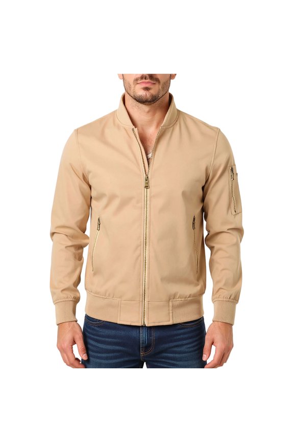 Men's New Casual Stand-Up Collar Arm-Zipper Flight Jacket, Khaki, Size M