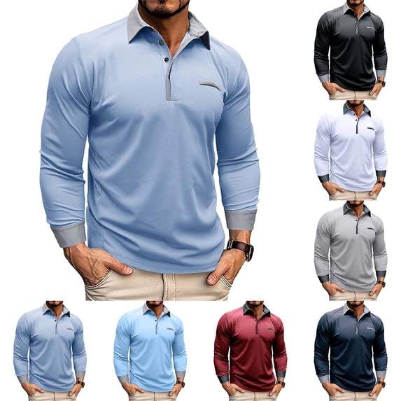 Men's New Casual Turn-Down Collar Breathable Button Long Sleeve Shirt, Polo Style Top for Spring Fall Smart Casual,Dark Blue,2XL