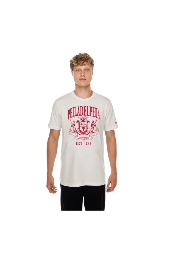 Men's New Era Beige Philadelphia Phillies Lifestyle Coat of Arms Flocking T-Shirt