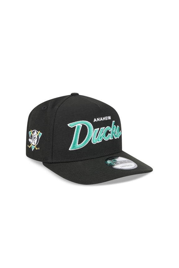 Men's New Era Black Anaheim Ducks Script A-Frame 9FIFTY Snapback Hat