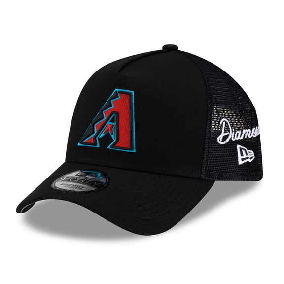 Men's New Era Black Arizona Diamondbacks Side Script 9FORTY A-Frame Trucker Adjustable Hat