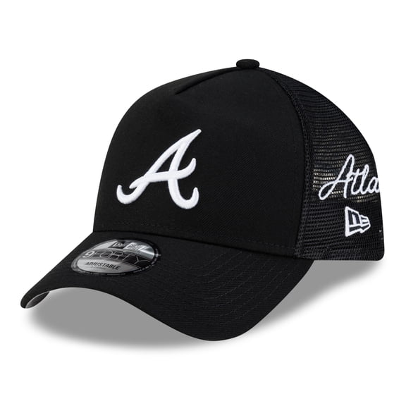 Men's New Era Black Atlanta Braves Side Script 9FORTY A-Frame Trucker Adjustable Hat