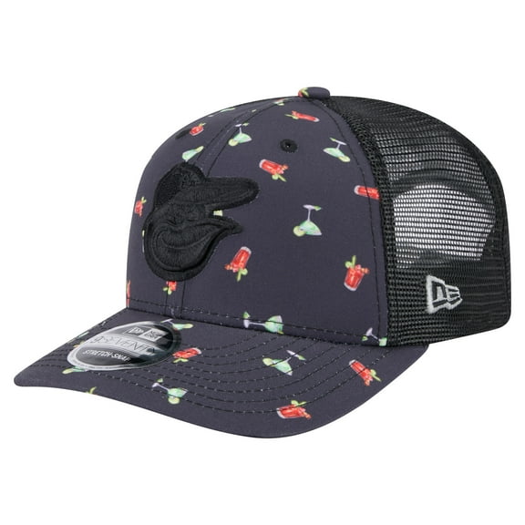 Men's New Era Black Baltimore Orioles Adventure Drinks Pattern 9SEVENTY Stretch-Snap Hat
