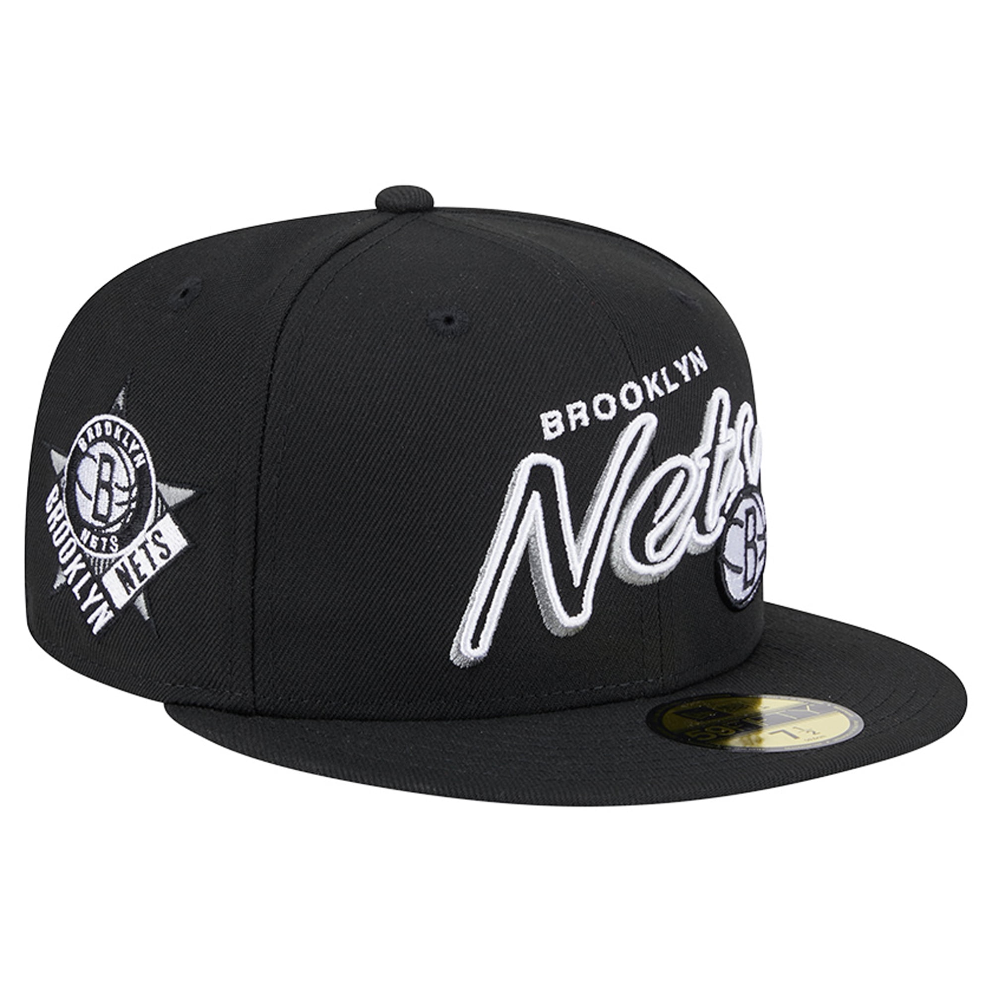 Men's New Era Black Brooklyn Nets Sport Night Script Sided 59FIFTY ...