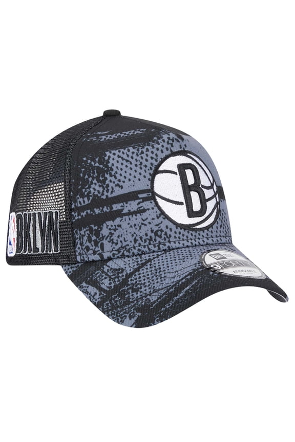 Men's New Era Black/Charcoal Brooklyn Nets Tip Off A-Frame Trucker 9FORTY Adjustable Hat