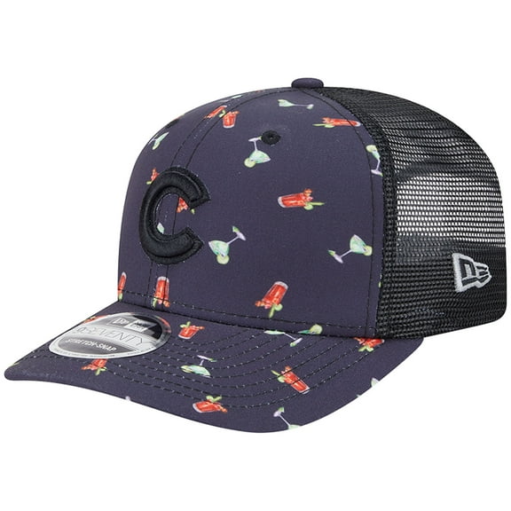 Men's New Era Black Chicago Cubs Adventure Drinks Pattern 9SEVENTY Stretch-Snap Hat