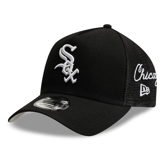 Men's New Era Black Chicago White Sox Side Script 9FORTY A-Frame Trucker Adjustable Hat