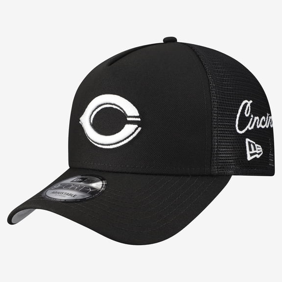 Men's New Era Black Cincinnati Reds Side Script 9FORTY A-Frame Trucker Adjustable Hat