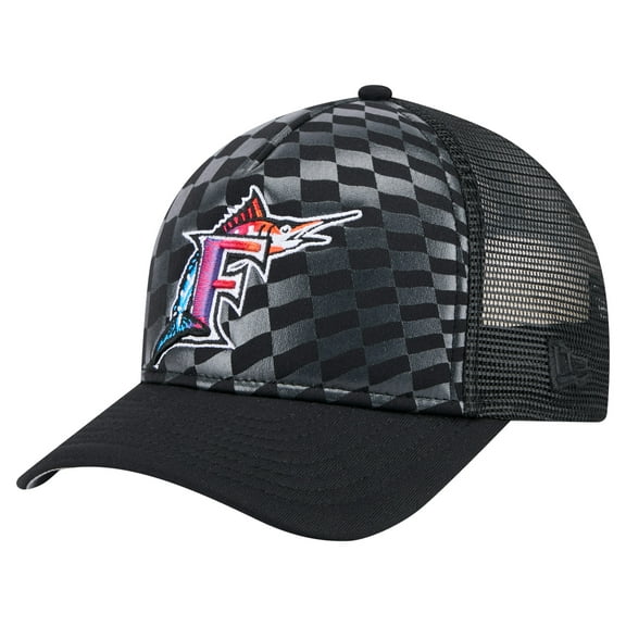 Men's New Era Black Florida Marlins Cooperstown Collection Gradient 9FORTY A-Frame M-Crown Trucker Adjustable Hat