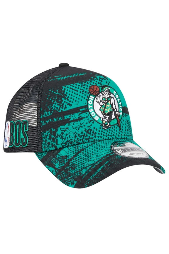 Men's New Era Black/Kelly Green Boston Celtics Tip Off A-Frame Trucker 9FORTY Adjustable Hat