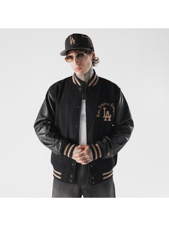 Men's New Era Black Los Angeles Dodgers Heritage Gothic Lettering Full-Snap Varsity Jacket