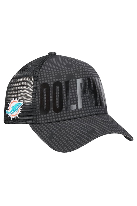 Men's New Era Black Miami Dolphins Midnight Ink Tonal Text A-Frame Trucker 9FORTY Adjustable Hat