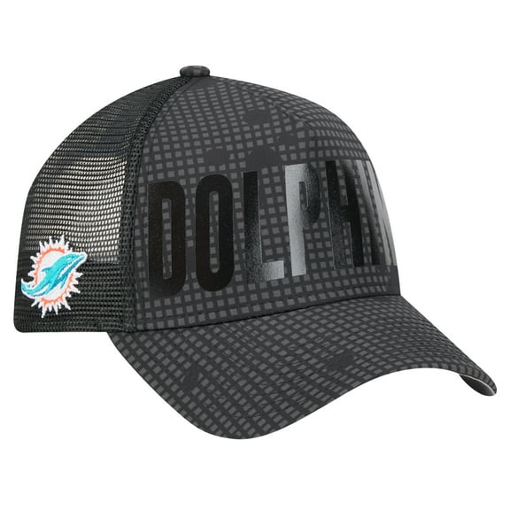 Men's New Era Black Miami Dolphins Midnight Ink Tonal Text A-Frame Trucker 9FORTY Adjustable Hat