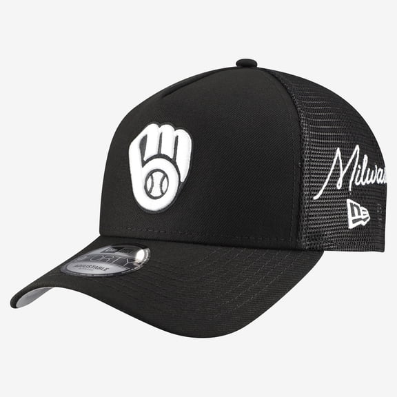 Men's New Era Black Milwaukee Brewers Side Script 9FORTY A-Frame Trucker Adjustable Hat
