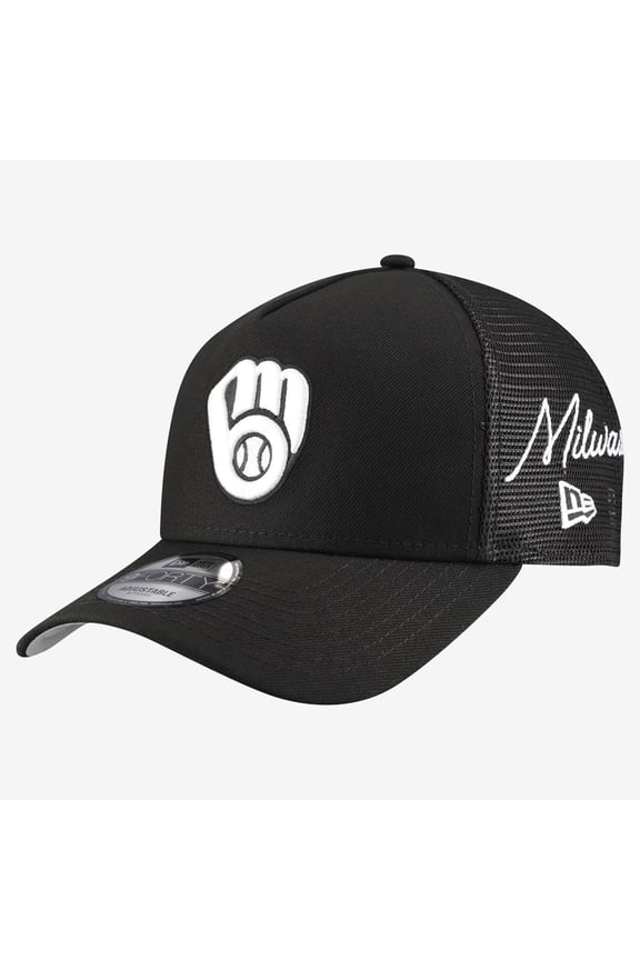 Men's New Era Black Milwaukee Brewers Side Script 9FORTY A-Frame Trucker Adjustable Hat