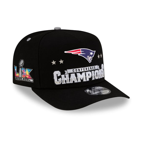Men's New Era  Black New England Patriots 2025 AFC Champions Locker Room Trophy Collection A-Frame 9FIFTY Snapback Hat