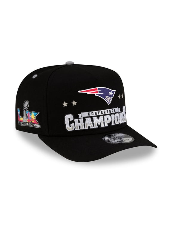 Men's New Era Black New England Patriots 2025 AFC Champions Locker Room Trophy Collection A-Frame 9FIFTY Snapback Hat