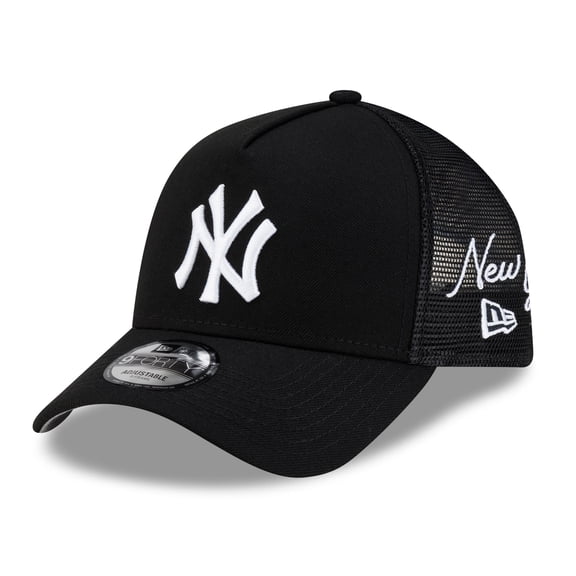 Men's New Era Black New York Yankees Side Script 9FORTY A-Frame Trucker Adjustable Hat