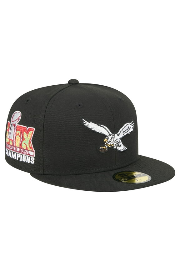 Men's New Era Black Philadelphia Eagles Super Bowl LIX Champions Historic Side Patch 59FIFTY Fitted Hat
