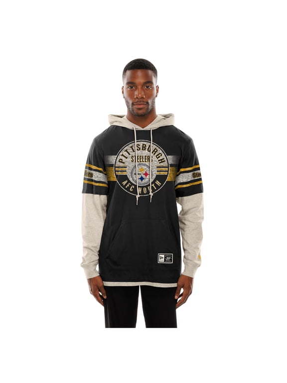 Men's New Era Black Pittsburgh Steelers Twofer Layered Long Sleeve Hooded T-Shirt