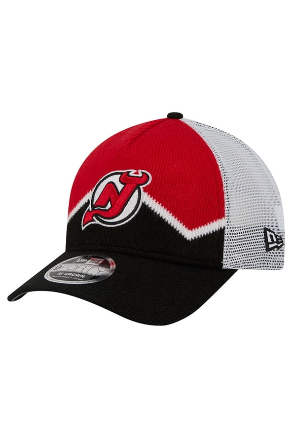 Men's New Era Black/Red New Jersey Devils Hockey Sock 9FORTY A-Frame M-Crown Adjustable Trucker Hat