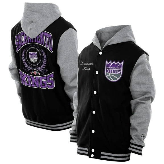 Men's-New Era Black Sacramento Kings Throwback Prep Chenille Full-Snap Hooded Varsity Jacket