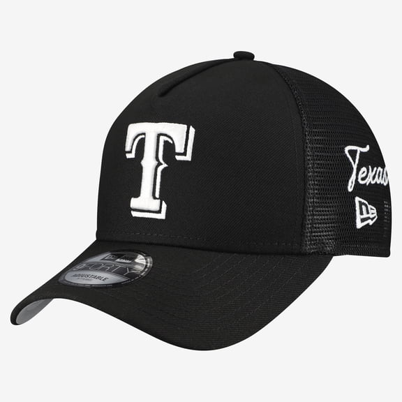 Men's New Era Black Texas Rangers Side Script 9FORTY A-Frame Trucker Adjustable Hat