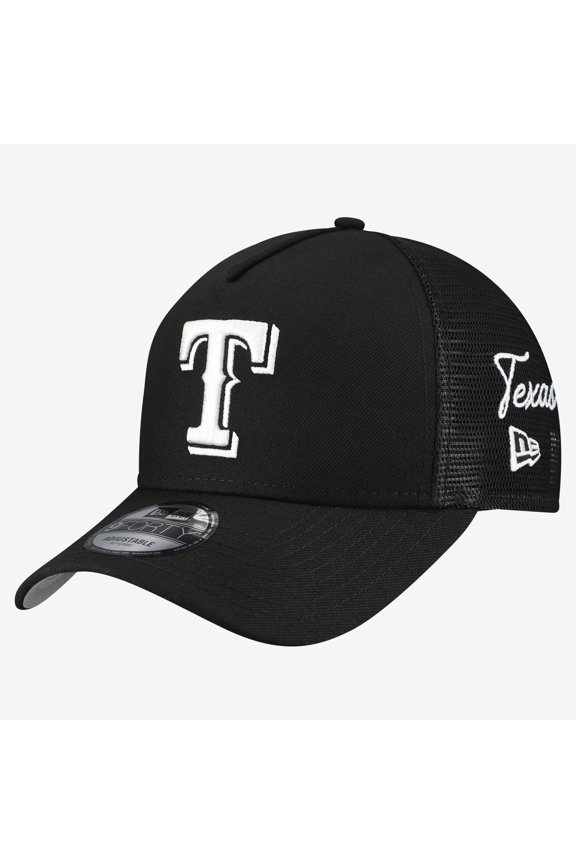 Men's New Era Black Texas Rangers Side Script 9FORTY A-Frame Trucker Adjustable Hat