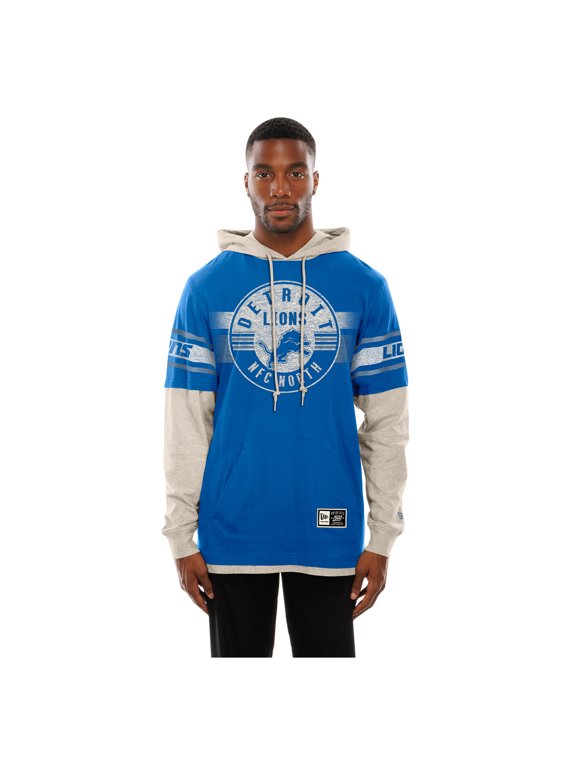 Men's New Era Blue Detroit Lions Twofer Layered Long Sleeve Hooded T-Shirt