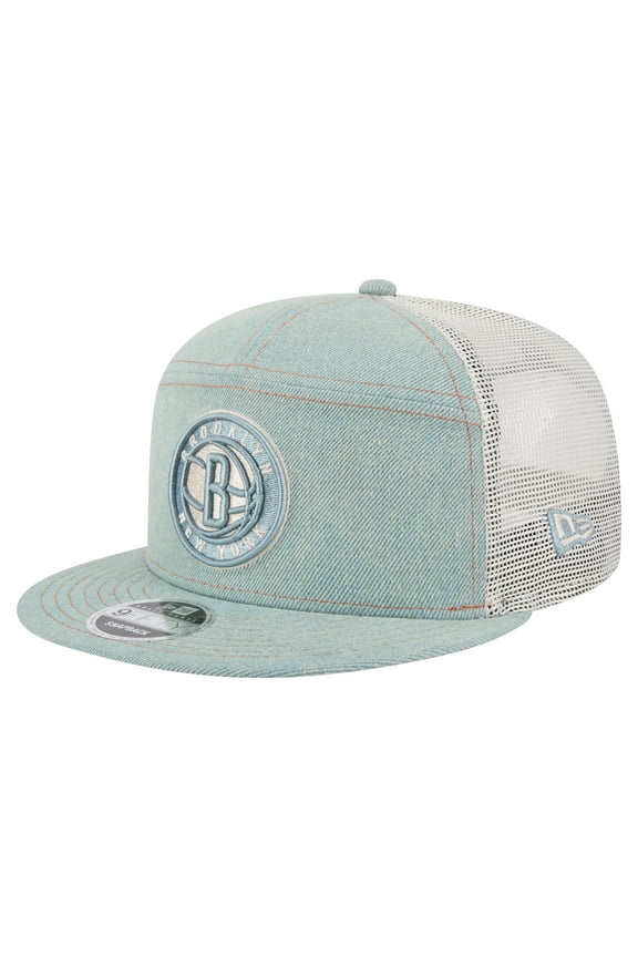 Men's New Era Brooklyn Nets Adventure Denim Split Panel 9FIFTY Snapback Trucker Hat