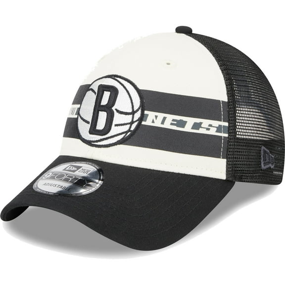Men's New Era Brooklyn Nets Black Stripes 9FORTY Trucker Snapback Hat