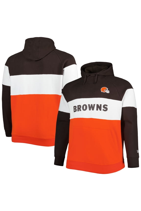 Men's New Era Brown/Orange Cleveland Browns Big & Tall Current Team Colorblock Fleece Raglan Pullover Hoodie