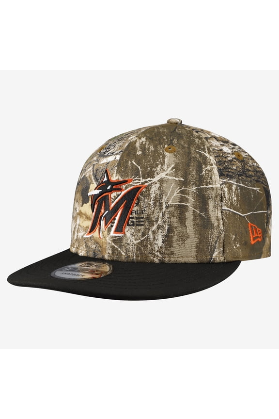 Men's New Era Camo Miami Marlins Realtree Orange Pop 9FIFTY Snapback Hat