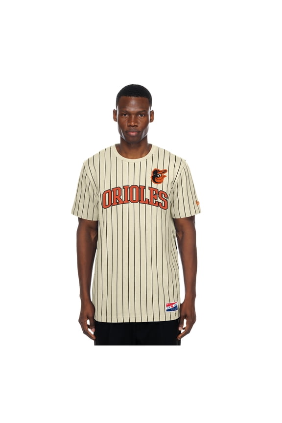 Men's New Era Cream Baltimore Orioles Throwback Meshback Pinstripe T-Shirt
