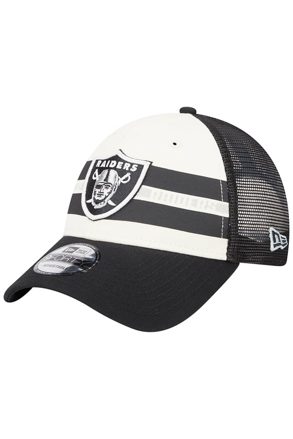 Men's New Era Cream/Black Las Vegas Raiders Team Stripe Trucker 9FORTY Snapback Hat