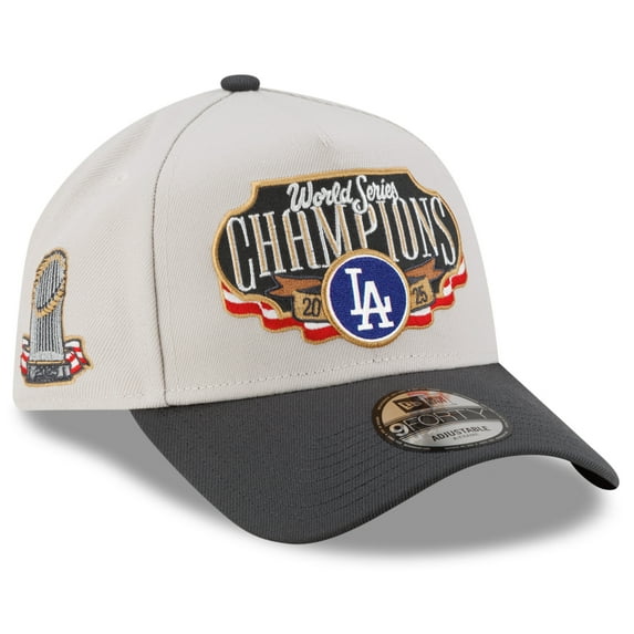 Men's New Era Cream/Charcoal Los Angeles Dodgers 2025 World Series Champions Locker Room A-Frame 9FORTY Adjustable Hat