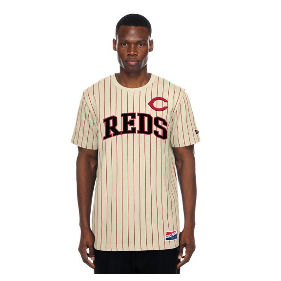Men's New Era Cream Cincinnati Reds Throwback Meshback Pinstripe T-Shirt