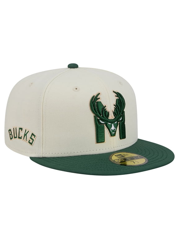 Men's New Era Cream/Hunter Green Milwaukee Bucks Deceptor 59FIFTY Fitted Hat